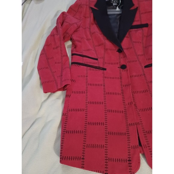 Justin Taylor faux suede patchwork stitching blazer red size 14 black lapels - Picture 5 of 12